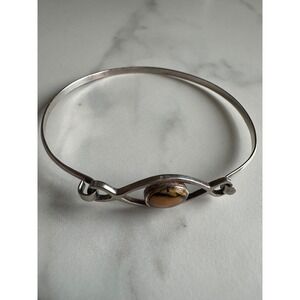 Vintage Sterling Silver 925 Modernist Tigers Eye Hook Bangle Bracelet 6.92g